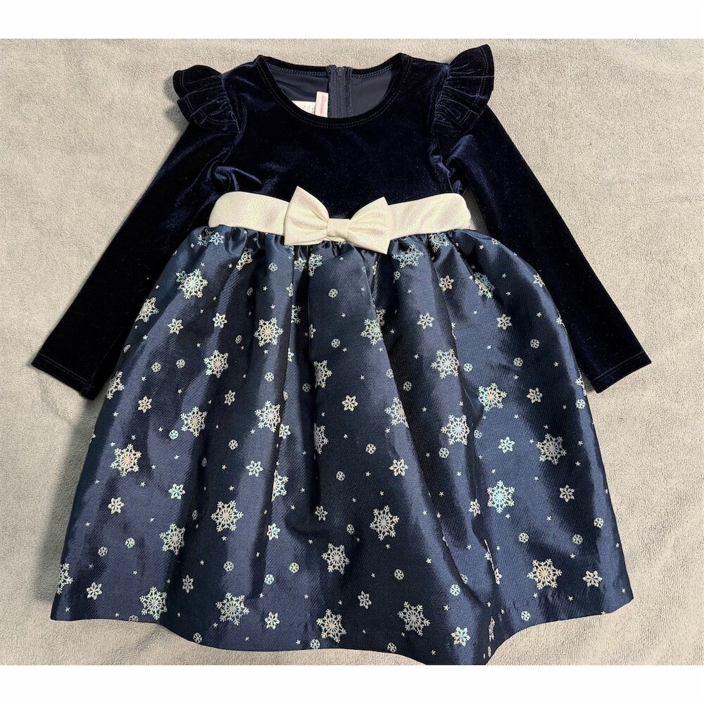 Bonnie Baby Girls Blue Velvet Snowflake Holiday Satin Bow Long Dress Size 4T